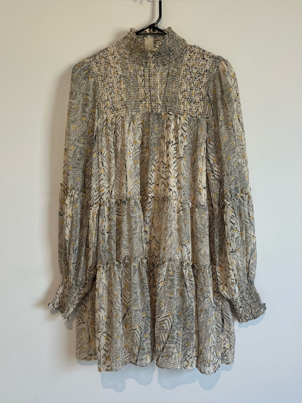 VICI Smocked High-Neck Long sleeve  Dress - Cream & Black & Gold- Medium